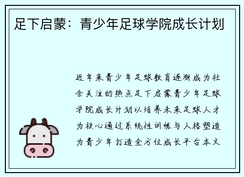 足下启蒙：青少年足球学院成长计划