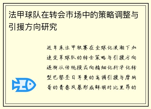 法甲球队在转会市场中的策略调整与引援方向研究